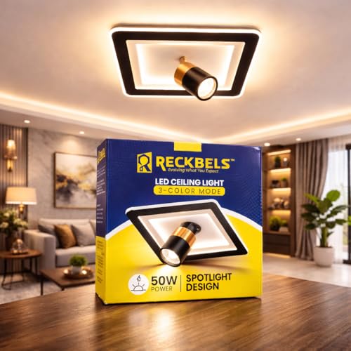 RECKBELS 50W LED Spotlight Ceiling Light 3-in-1 Colour Changing | Flicker Free Flush Mounted Chandelier Ceiling Light for Living Room, Bedroom, Wall & Hallway | 20 cm (Warm/Cool/Natural White)