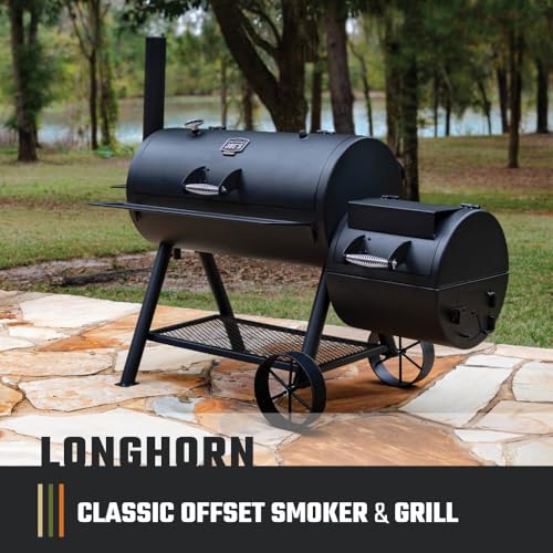 Oklahoma Joe's Longhorn Reverse Flow Offset Charcoal Smoker and Grill, Offset Smoker Grill with 1060 sq in Cooking Area in Black