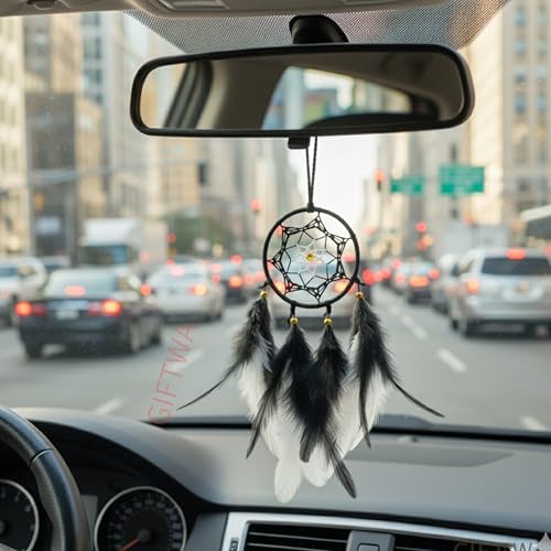 Image of Black Dream Catcher 3 Inch with Black & White Mix Feathers - Mini Dreamcatcher for Car Hanging, Wall Hanging, Home Decor, Positive Energy Protection