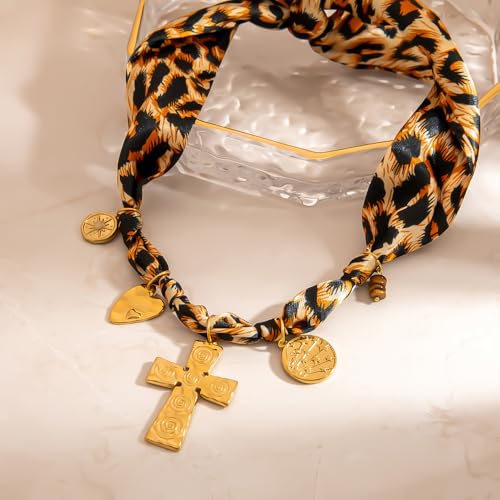 Scarf Necklace with Charm, Bandana Necklace with Gold Dainty Pendants - Chunky Cross, Heart, Flower, Conch, Boot, Cowboy Hat, Boho Beach Vintage Scarf Necklaces, Stylish Jewelry Gift3