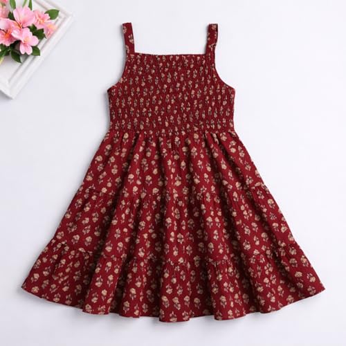 Image of The Magic Wand Kids Girls Printed Casual Dresses, Knee Length Singlet Strap Fit & Flared Cotton Once Piece Stylish Frocks for Summer Season