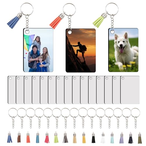 AiDiYGECO 15 PCS sublimation keychain blanks with Tassels Double Sided MDF sublimation keychains blanks bulk (WHITE Rectangular)