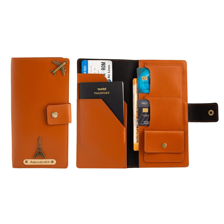 Image of AICA Personalized Name & Charm Long Leather Wallet Passport Cover (Tan Brown) with Boarding Pass Holding Currency Card Slot & Coin Holder for Men & Women | Birthday Travel Gifts for Friends Family