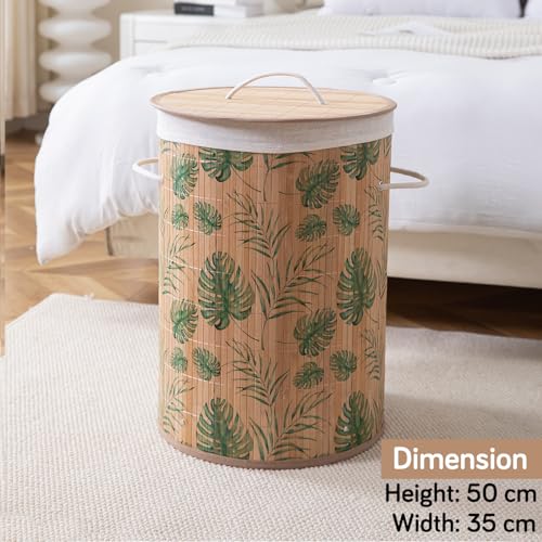 Image of HOKIPO Eco-Friendly Foldable Bamboo Laundry Basket Hamper with Lid, Large, 48 Litre, Tropical Leaves (AR-5750)