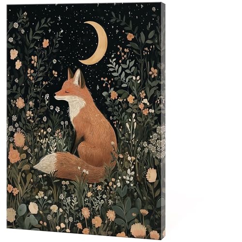 Image of Moonlit Fox Wall Art Whimsical Vintage Wildflower Canvas Prints Trendy Rustic Botanical Poster Painting Fairytale Night Scene Aesthetic Picture Decor for Living Room Nursery 16x24inch Wrapped Framed