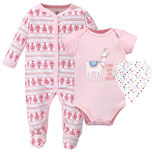 Image of Little Treasure Unisex Baby Sleep and Play, Bodysuit and Bib, Llama Love, 3-6 Months