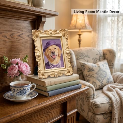 Image of Vintage Ornate Picture Frame, Antique Cream Resin Baroque Frame, Shabby Chic French Country Cottagecore Decor, Tabletop or Wall, Dog Lover Pet Gift