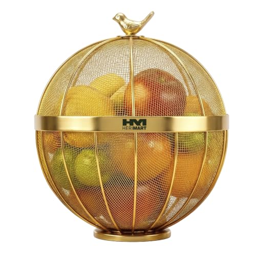 Image of Golden Premium Fruit Basket for Dining Table, Gold Fruit Basket with Lid & Bird Top, Decorative Fruit Basket for Kitchen Countertop, Fruits, Vegetables & Snacks