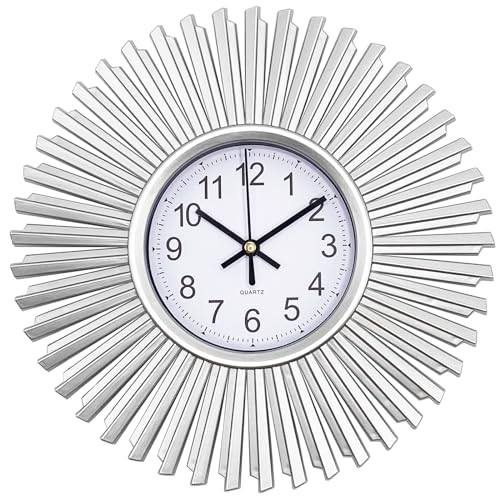 SENYURI Kitchen Wall Clock, Silver Starburst Wall Clocks Battery Operated, 10 Inch Modern Decorative Wall Clock for Living Room, Bedroom, Kitchen,Bathroom, Office