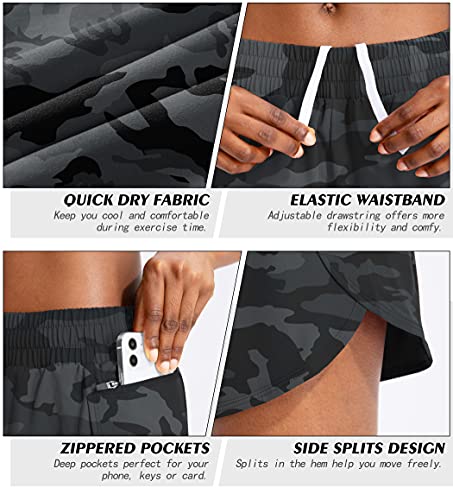 Soothfeel Womens Running Shorts with Zipper Pockets High Waisted Athletic Gym Workout Shorts for Women with Liner Grey Camo - Thumbnail 4