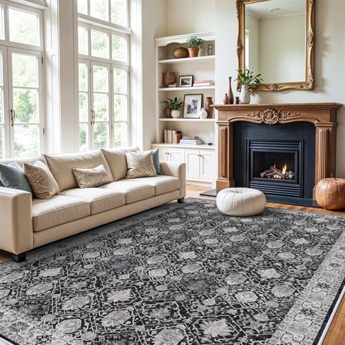 Washable Large 9x12 Area Rug: Indoor Oriental Living Room Carpet with Non Slip Backing Ultra Soft Low Pile Rugs for Bedroom Dining Room Distressed Stain Resistant Thin Floor Mat (9x12 Black)