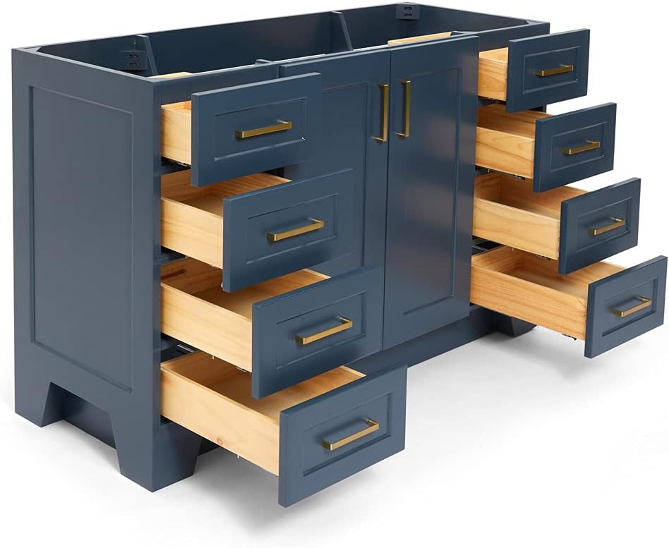 DKB Emilia 54-Inch Midnight Blue Bathroom Vanity Base Cabinet, Single Sink, 9 Full Extension Dovetail Drawers, 2 Soft Closing Doors, Toe Kick, Satin Brass Hardware, Solid Wood Frame