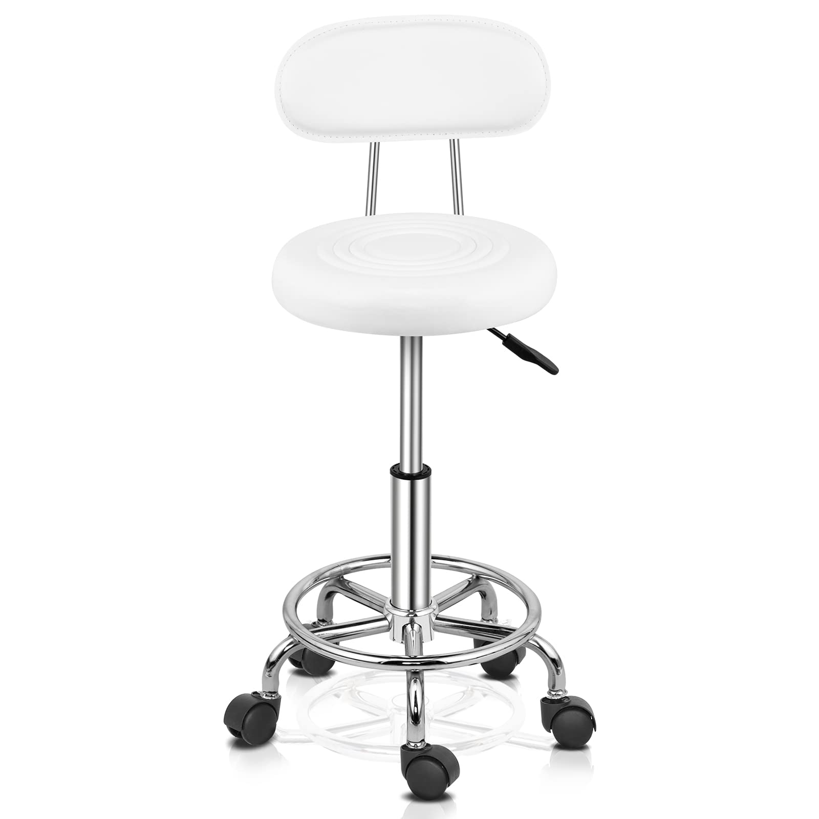 Bonnlo Adjustable Salon Massage Stool Swivel Chair with Upholstered Seat, Rolling Wheels Hydraulic Gas Lift for Hairdressing Spa Salon Beauty Tattoo Therapy Barber Bar,White