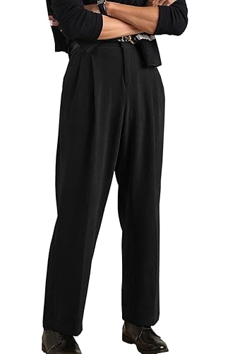 Mens Corduroy Pants Vintage Casual Straight Leg Classic Fit Pleated Dress Pants - Black - 38W x 34L
