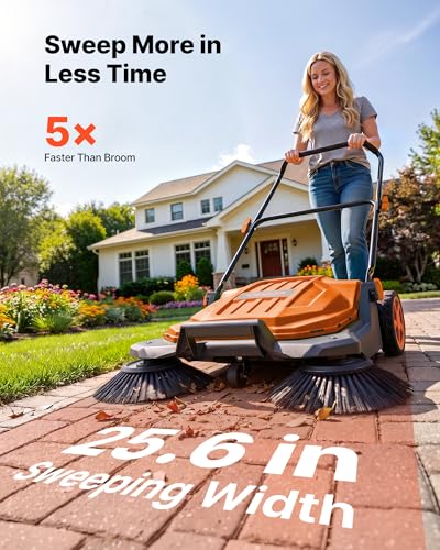 Image of VEVOR Walk-Behind Hand Push Floor Sweeper, Manual Floor Sweeper Non-Electric with 25.6 inch Sweeping Width, 5 Gallons Waste Container & Adjustable Folding Handle for Yards Walkways Patios Garages - Orange