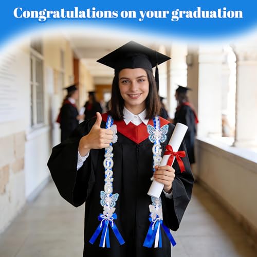 Image of Class of 2026 Graduation Leis,Blue& White Bow Pearl Graduation Lei Ribbon with DIY Butterfly Pin Accessories,Her Graduation Gifts for Woman Graduate
