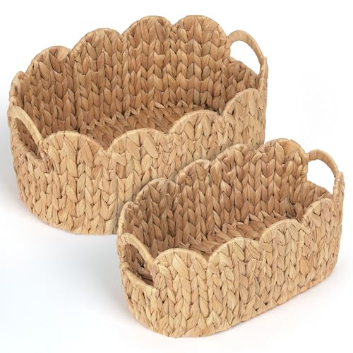 iEGrow Scalloped Wicker Basket Set of 2 Hand-Woven Natural Rattan Baskets with Built-in Handles Water Hyacinth Storage Oval Cute Baby Baskets for Nursery Organizing Decor and Shelves