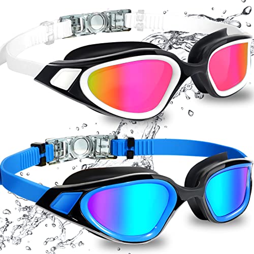 ITOWE Swimming Goggles 2 Per Pack, Adult Swim Goggles for Women Men Youth No Leak, Tinted Mirrored Anti Fog Goggles, Competitive Swim Goggles for Racing, Swim Team Goggles Water Goggles Pool Goggles