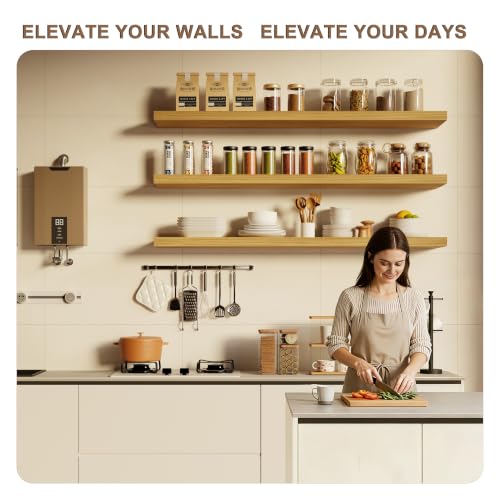 Image of 48-Inch Floating Shelves, Set of 3 Wall Mounted Storage Ledges, 12-Inch Deep Extra-Thick Solid Paulownia Wood Shelving for Kitchen, Living Room, Bedroom & Bathroom, Natural Clear Finish