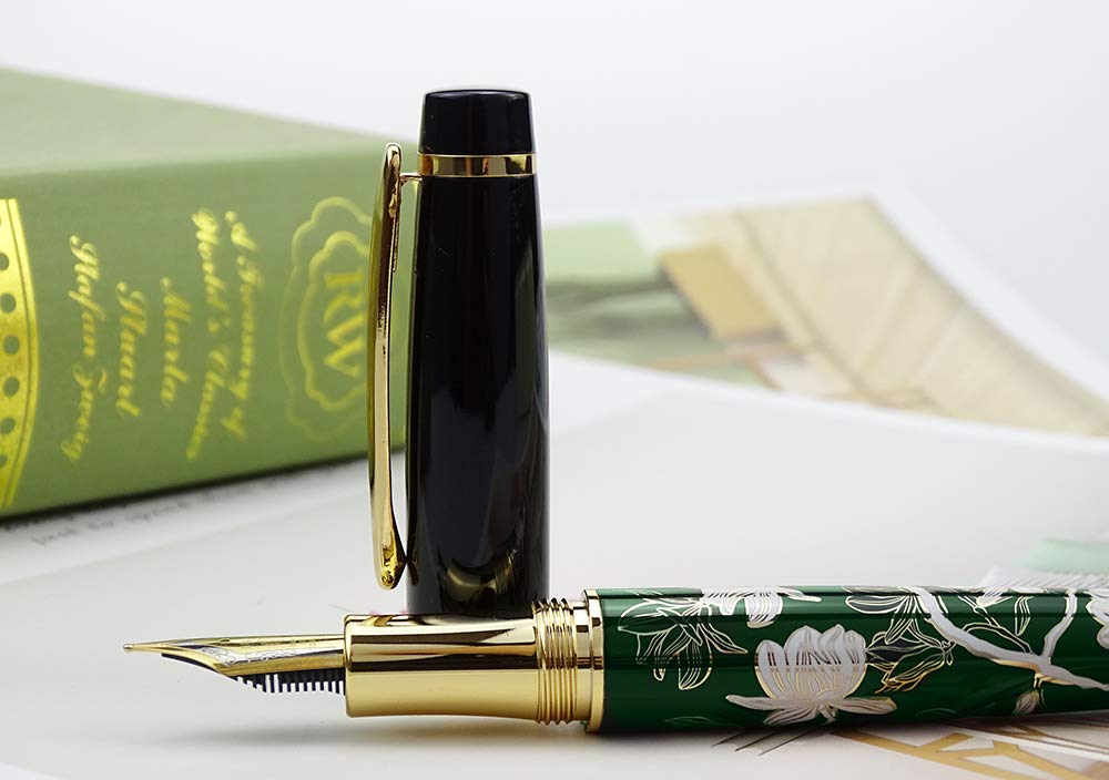 HongDian 1837 Stylo plume pour dessin à la main Fleur verte Plaqué or Stylo à pointe fine Convertisseur d'encre