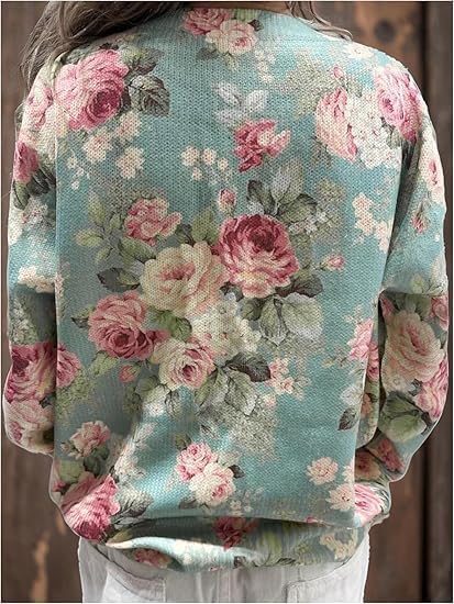 Women Oversize Sweater Cardigan Long Sleeve Print Rose Garden Blouse Pattern Crew Neck Shrug Shirt - Image 2