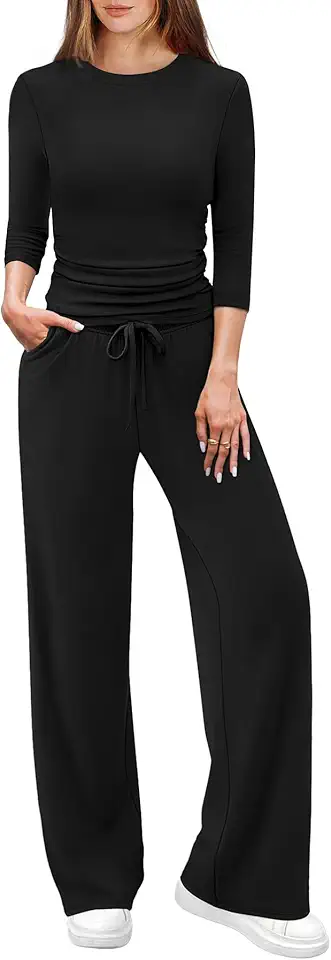 WIHOLL 2 Piece Lounge Sets for Women Summer Vacation Outfits 3/4 Sleeve Tops with Side Ruched Wide Leg Pants Matching Sets