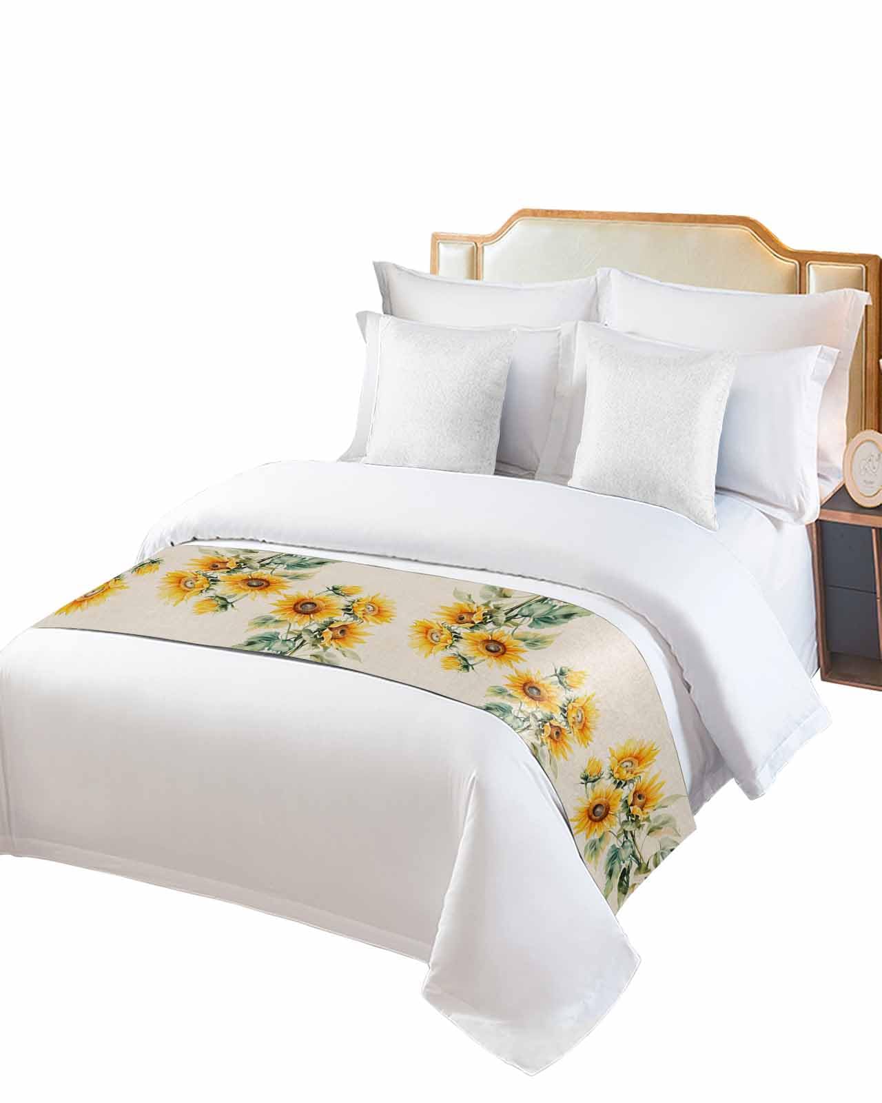 DecorLovee Sunflower Bed Runners for Cal King Size Bed, Decorative Bed Throws for Foot of Bed, Rustic Garden Blooms Floral Spring Bed Runner Sofa Throw Bedding Scarf Protector Slipcover for Bedroom