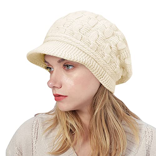 VIKEY Gestrickte Baskenmütze - Baskenmütze Damen Winter Wolle Dicke Gestrickte Barett Retro-lässige Häkelmode Strickmütze mit Schirm Damen Cover