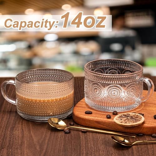 Image of PrimeWorld 2 Pcs 420 Ml Vintage Coffee Mugs,Overnight Oats Containers With Handle,Bamboo Lids And Spoons-Embossed Glass Cups For Cappuccino,Latte,Cereal,Yogurt,Hot Or Cold Beverages,Transparent
