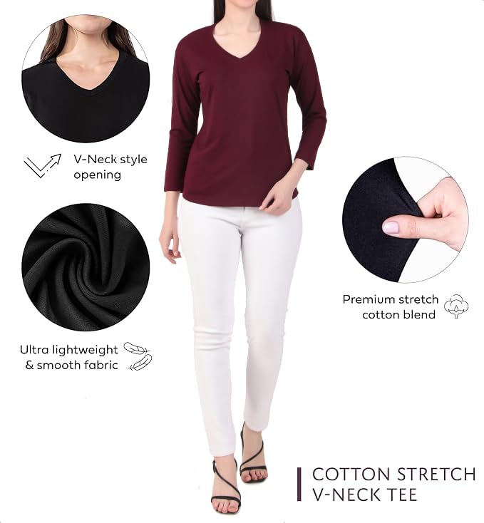 Image of Women's 3 /4 Sleeves Regular Fit V-Neck Cotton T-Shirt
