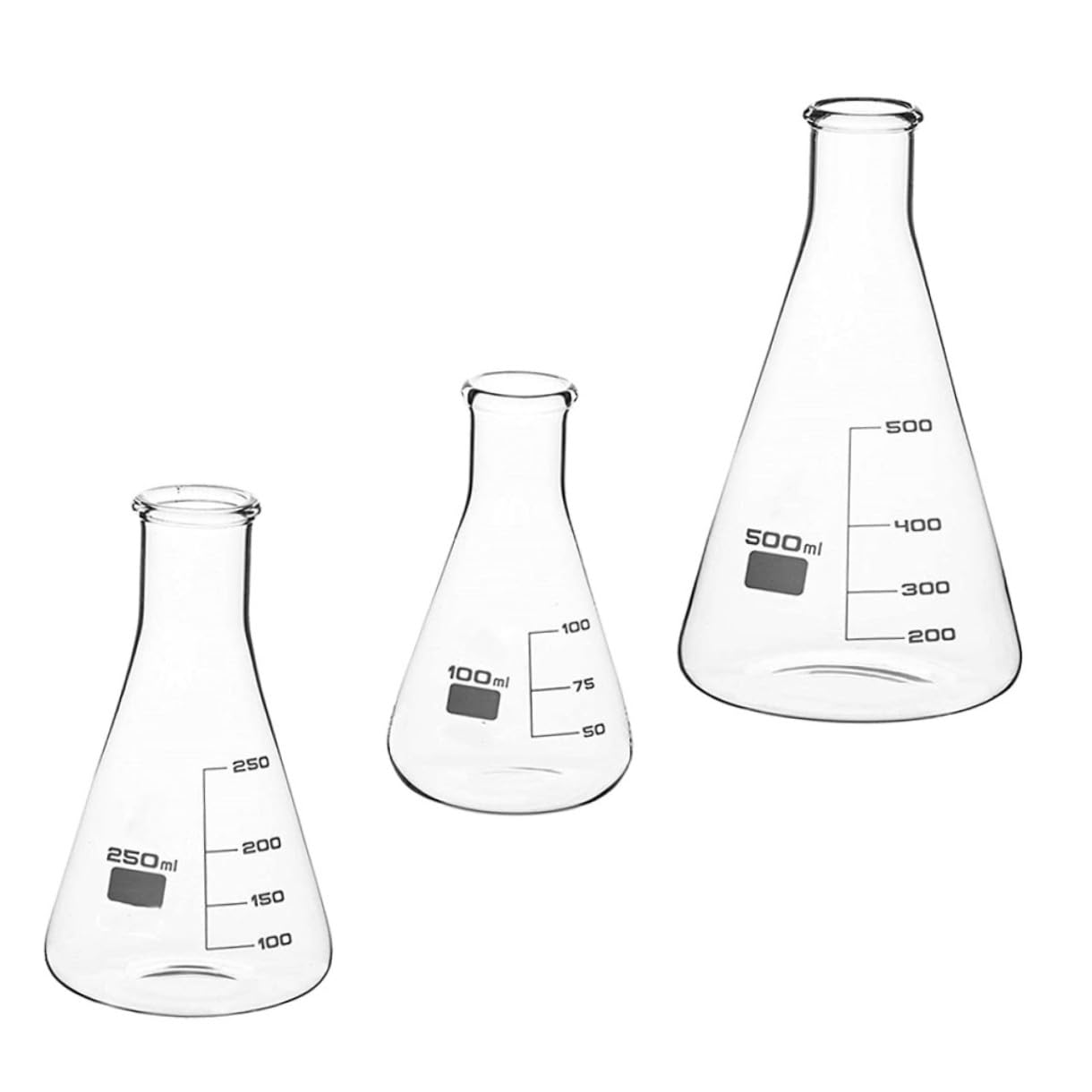 Anneome Juego de 3 Matraces Cónicos de Vidrio Borosilicato Alto | 100 Ml, 250ml y 500ml, Graduaciones Estándar, Fondo Plano para Laboratorio E Investigación