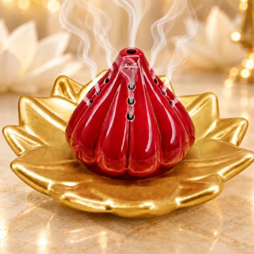Image of SIGNAMIO Ceramic Sambrani Dhoop Doopam Dhupam Stand Holder - Gold Red