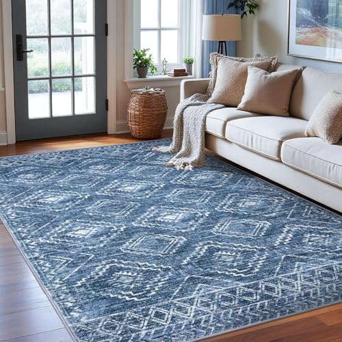 KILOCOCO Living Room Rug 6x9 Area Rug Printed Boho Washable Bedroom Rugs Non Slip Soft Large Moroccan Indoor Rugs for Dining Room Office Farmhouse Geometric Carpet, Stonewashed Blue
