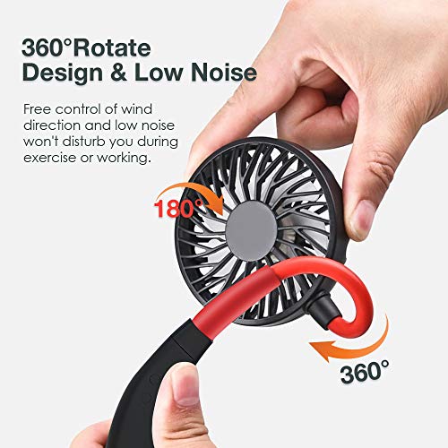 Portable Hanging Neck Sports Fan - Hands Free USB Rechargeable Personal Wearable Neckband Fan Battery Operated with 3 Level Air Flow Headphone Design Cooling (Black-Red)