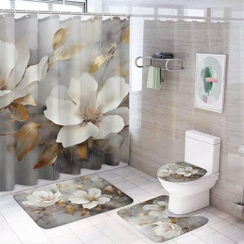 Retro White Flower Shower Curtain Set for Bathroom, 4Pcs Rustic Wild Peony Floral Bathroom Sets with Shower Curtain, Non Slip Rugs, Toilet Lid Cover, Bath Mat, Bathroom Decor