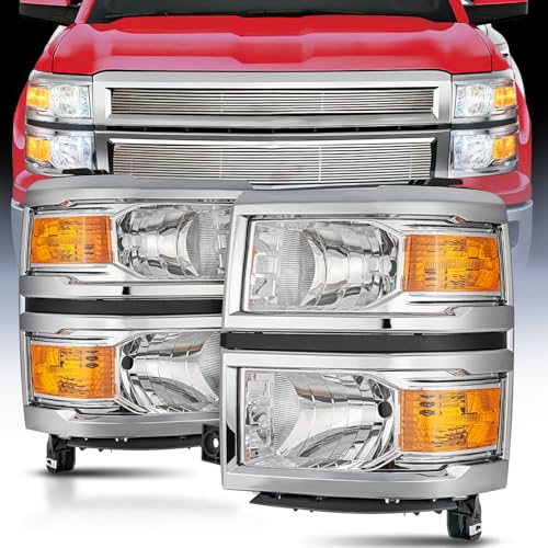 Image of Nilight Headlight Assembly for 2014 2015 Chevy Silverado 1500 Pickup Truck | Replacement Headlamp Chrome Housing Amber Reflector Driver and Passenger Side