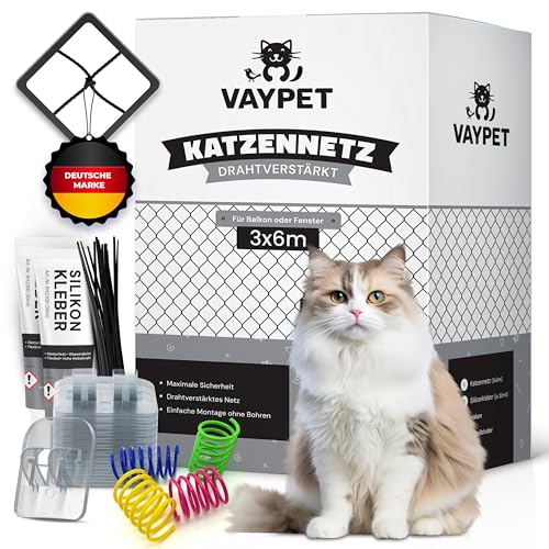 VAYPET® Katzennetz für Balkon ohne Bohren inkl. Klebehaken & Silikonkleber I Robustes Katzennetz drahtverstärkt & wetterfest I Einfach mit dem Katzennetz Balkon, Fenster & Terrasse sichern (3x6m)