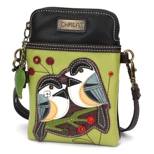 Image of CHALA Bird Collection Cell Phone Crossbody Purse-Women PU Leather /Canvas Multicolor Handbag with Adjustable Strap - Chickadee - green