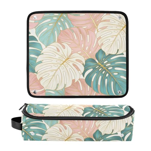 Bolsa para herramientas de cabello y tapete resistente al calor, gran capacidad, organizador para planchas, rizadores y más con diseño tropical Monstera Deliciosa rosa y verde para mujeres miniatura 3