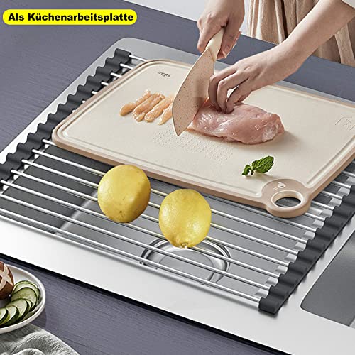 ViWaVee Dish Drainer Rack, Foldable and Removable Stainless Steel Dish Drying Over the Sink, Drying Mat, Sink Drainer Rack for Cups, Fruit, Vegetables, Super Kitchen Organiser (Black 43 * 35cm)