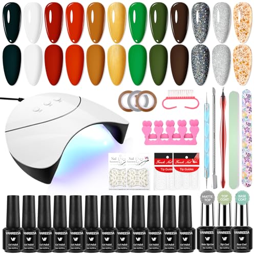 VANREESA Kit Uñas Semipermanentes, Kit Manicura Semipermanente 8ml 12 Colores U V Pintauñas Semipermanentes con 36W U V/LED Lámpara, Set Manicura Semipermanente con Capa Base y Superior