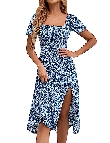 Image of SPRIME Women's Floral Summer Casual Dress Square Neck Puff Sleeve Boho Midi Dresses Ruched Bust High Waist Split Long Dress