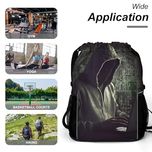 Drawstring Bag,Hacker Drawstring Backpack,travel Drawstring Backpack,gym String Bag with Side Pocket 6