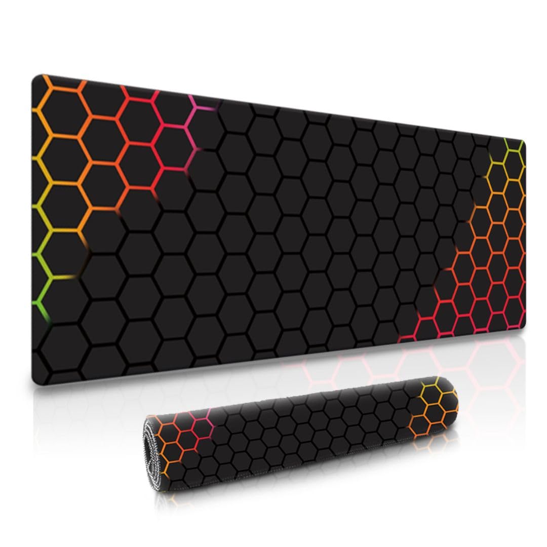 Dyazo Hexagonal Pattern Desk Mat | Water-Resistant Anti-Slip Desk Pad | Extended Gaming Mouse Pad with Rubber Stitched Edges (800mm x 300mm x 3mm) for Laptop & Computer - Black & Orange