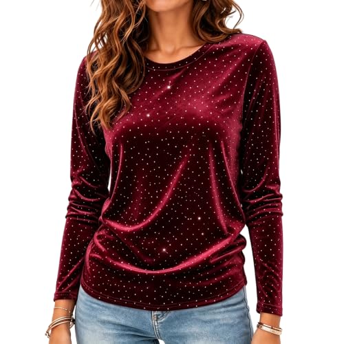 Women Long Sleeve Crew Neck Velvet Rhinestone Blouse Sparkling Dot Shimmer Top Lightweight Dressy Shirt for Dinner, Date Night & Holiday Gathering Wine Red - image 5