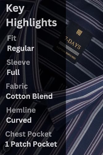 Image of 7-DAYS Men's Premium Striped Formal Shirt - Cotton Rich, Regular Fit, Full Sleeve, with Pocket, Wrinkle Resistant - Stylish Office & Everyday Wear.