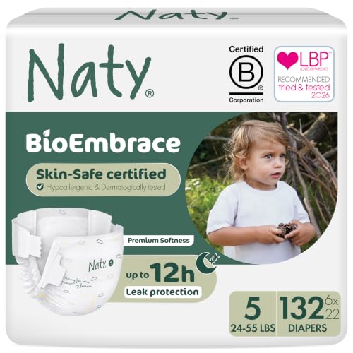 Image of Naty BioEmbrace Baby Diapers, Size 5 (24-55 lbs), 132 Count | Hypoallergenic for Sensitive Skin, Up to 12 Hour Leak Protection, Absorbent, Plant-based softness, Premium comfort