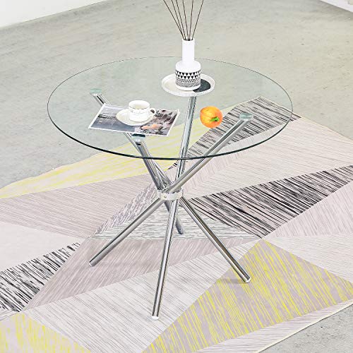 Dining Table Modern Kitchen and Dining Table with Round Glass Top and Stainless Steel Base - Thumbnail 3