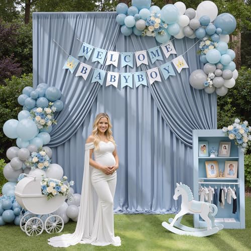 Image of 20ftx12ft Dusty Blue Backdrop Curtains for Parties, Wrinkle Free Polyester Photo Backdrop Drapes 4 Panels 12 ft Long Back Drop Cloth Drapery for Wedding Birthday Photography Background Party