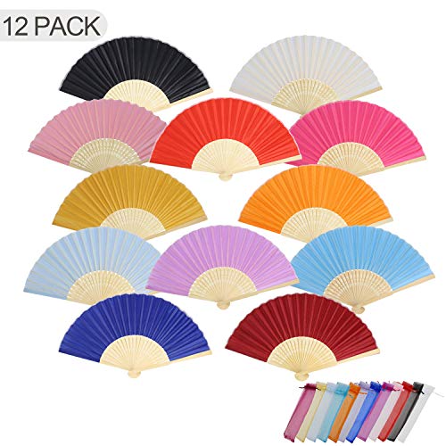 HIGOGOGO Handheld Folding Fans, 12pcs Silk Bamboo Foldable Fans for Women in Bulk